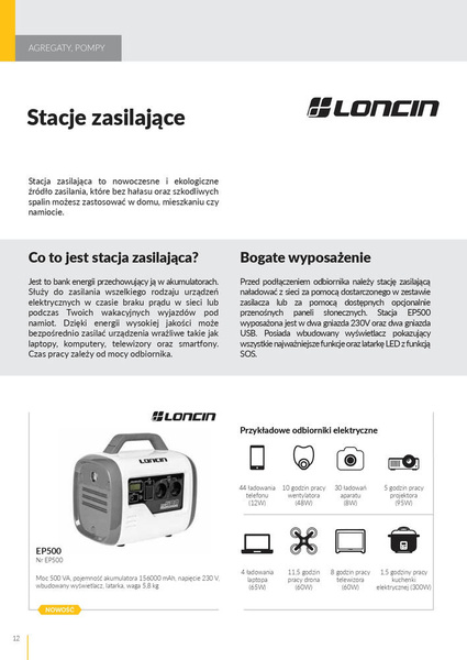 Stacja zasilająca Loncin EP500 500VA 230V/50Hz Powerbank 156000 mAh